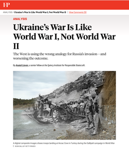 Screenshot des Textes "Lieven: Ukraines War Is Like World War I Not World War II"