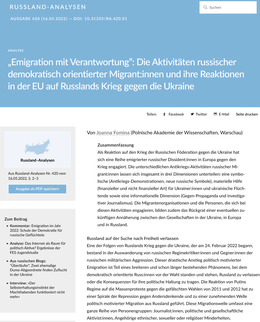 Screenshot des Texts „Emigration mit Verantwortung: Die Aktivitäten russischer demokratisch orientierter Migrant:innen und ihre Reaktionen in der EU auf Russlands Krieg gegen die Ukraine“