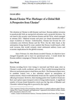 Screenshot des Texts „Russia-Ukraine War: Harbinger of a Global Shift. A Perspective from Ukraine“