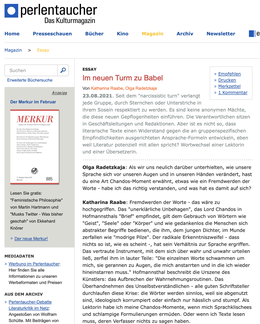 Screenshot des Texts "Im neuen Turm zu Babel".