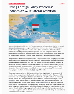 Screenshot des Texts „Fixing Foreign Policy Problems. Indonesia’s Multilateral Ambition“