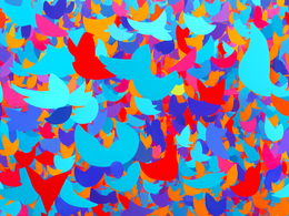 Ein farbiges Muster, das aus abstrahierten Twitter-Logos und bunten, ineinander verschachtelten Flächen besteht, die das Thema Demokratie, digitale Netzwerke und Community illustrieren sollen.