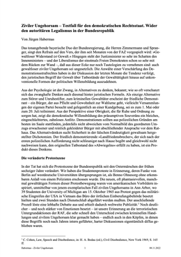 Screenshot des Texts "Ziviler Ungehorsam – Testfall für den demokratischen Rechtsstaat. Wider den autoritären Legalismus in der Bundesrepublik".
