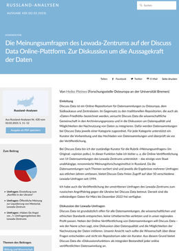 Screenshot des Texts „Die Meinungsumfragen des Lewada-Zentrums auf der Discuss Data Online-Plattform. Zur Diskussion um die Aussagekraft der Daten"