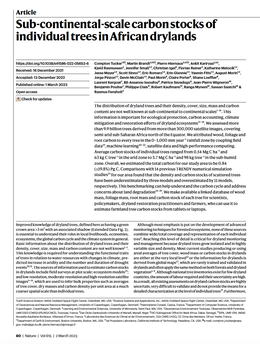 Screenshot des Texts "Sub-continental-scale carbon stocks of individual trees in African drylands".