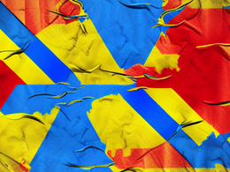Eine abstrakte Grafik, die aus ineinander verschränkten Farbflächen in gelb, blau, weiß und rot besteht und den Krieg Russlands in der Ukraine symbolisieren soll.