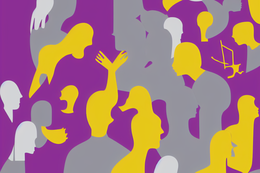 Eine abstrakte Illustration in lila, gelb und grau aus großflächigen figurativen Elementen, die Personen im diskursiven Austausch darstellen sollen.