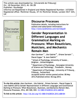 Screenshot des Covers des besprochenen Texts: „Gender Representation in Different Languages and Grammatical Marking on Pronouns: When Beauticians, Musicians, and Mechanics Remain Men“.