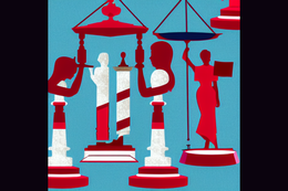 Eine abstrakte Illustration des Themas Geschlechtergerechte Sprache mit figurativ-symbolischen Elementen, die Weiblichkeit, Justiz und antike Kultur darstellen.