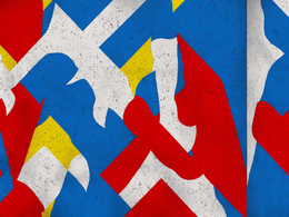 Eine abstrakte Grafik zur Darstellung von Friedensverhandlungen. Figurative Flächen in gelb, blau, rot und weiß lassen einen Handschlag vermuten.