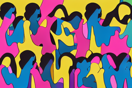 Header-Grafik zum SI: Abstrakte gemusterte Illustration sprechender Menschen in Pink, Gelb und Blau.